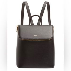 DKNY Black Leather Backpack with Gold Hardware
